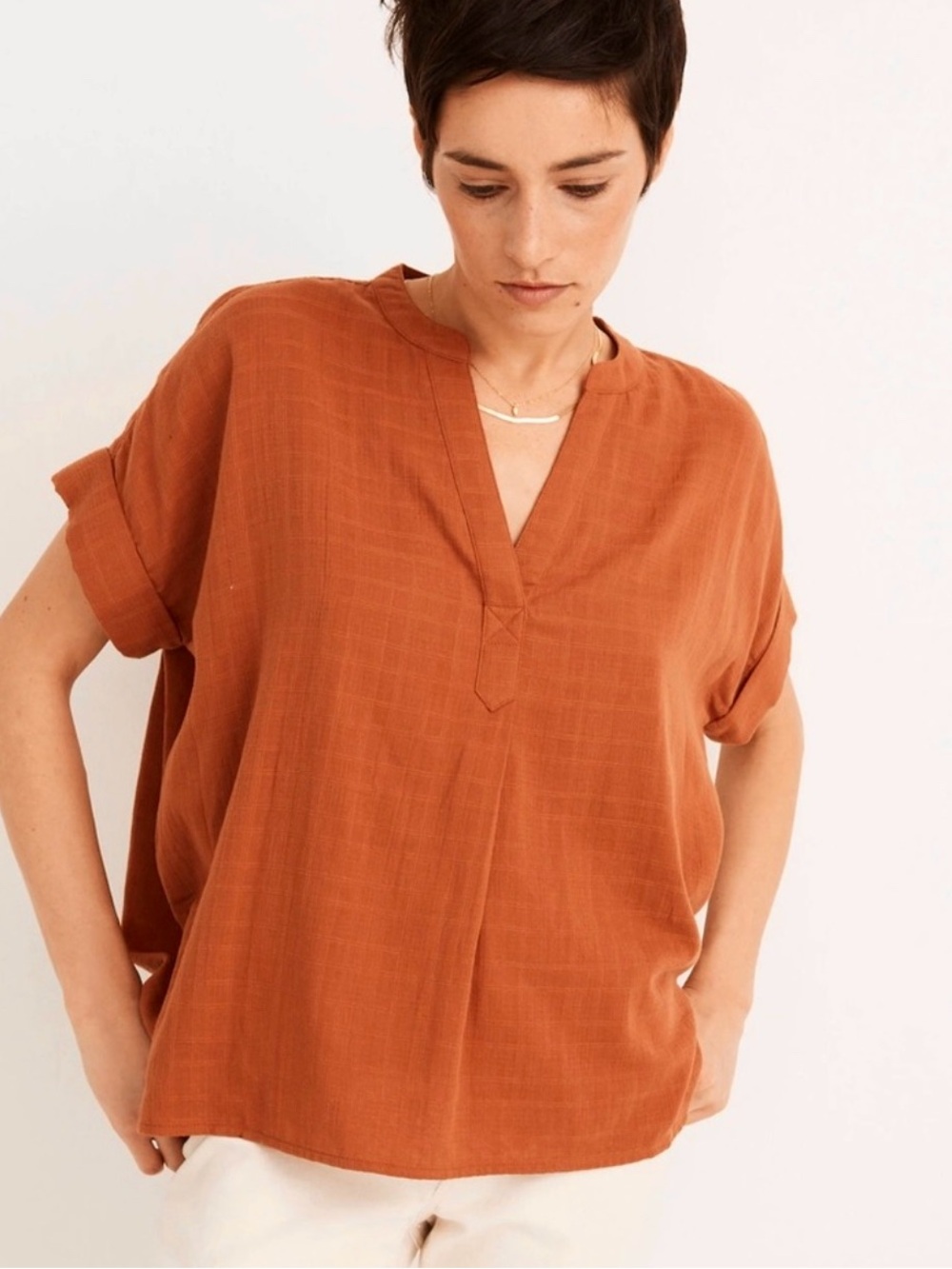 Madewell Lakeline Popover Shirt Textural Cottagecore Burnt Clay Orange Medium